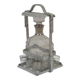 Antique Tantalus Bar Liquor Decanter Set w/ 6 Shot Glasses & Locking Case 12" For Sale