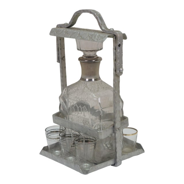 Antique Tantalus Bar Liquor Decanter Set w/ 6 Shot Glasses & Locking Case 12" For Sale