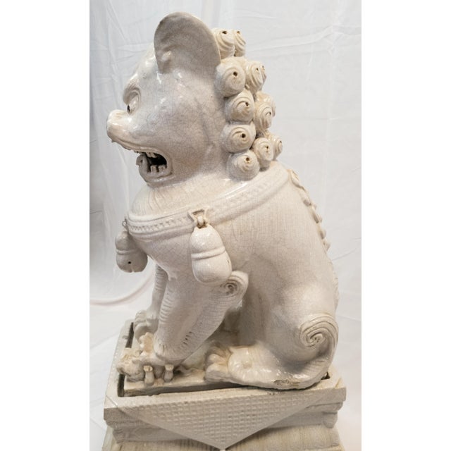 Mid 20th Century Large Garden Chinese White Ge-Type Crackle Glazed Foo Dog Lion For Sale - Image 5 of 13
