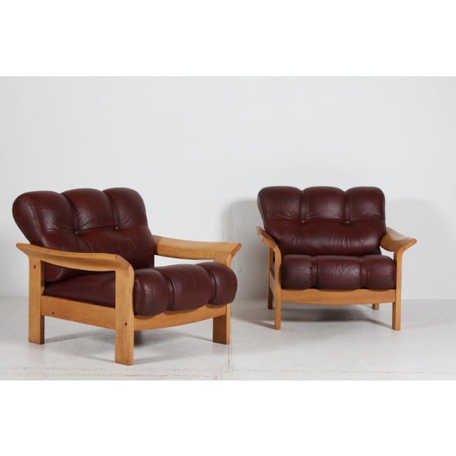 Brutalist Lounge Chairs in Oak and Reddish Brown Leather, 1970s, Set of 2 For Sale - Image 17 of 17