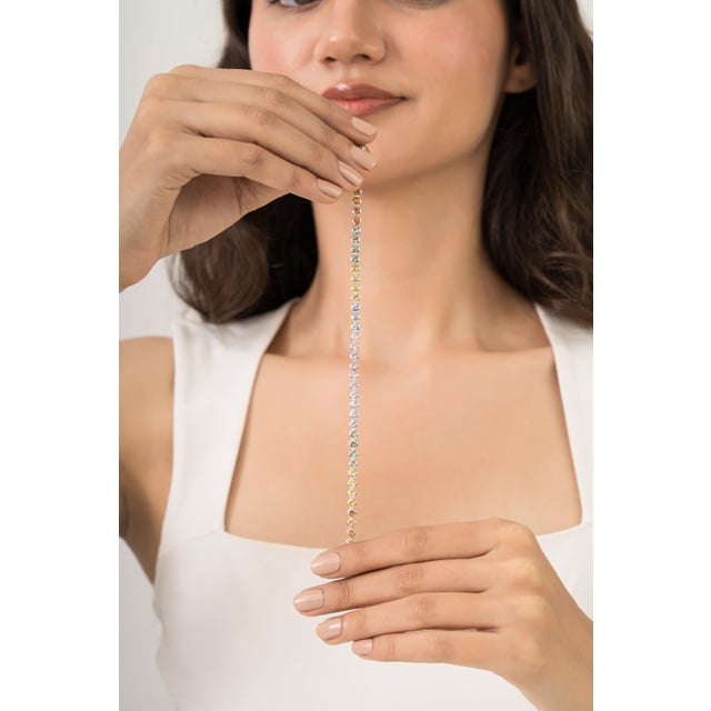 Cornflower Blue 5.95Crt Rainbow Sapphire Bezel Set Classical Roman Tennis Bracelet in 14k Gold For Sale - Image 8 of 16