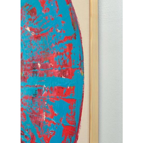Blue Cyan Red Circle Diptych, Contemporary Painting on Canvas, Framed For Sale - Image 8 of 13