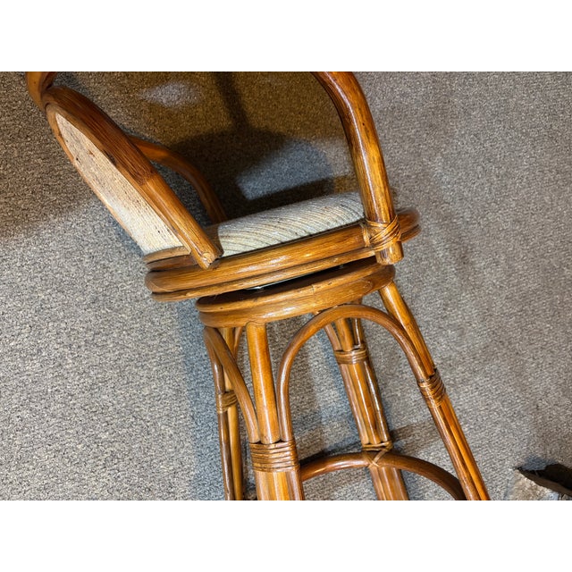 Wood Set of 4 Vintage Boho Coastal Rattan Swivel Bar Stools For Sale - Image 7 of 10