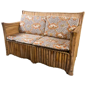 Rattan Settee With Schumacher Fabric Cushions, 1920s