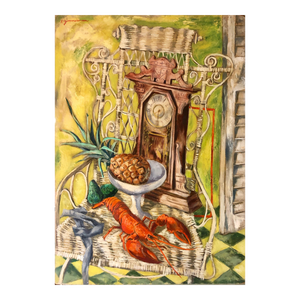 Paul Zimmerman, Modernist Oil Painting Still Life Tableaux with Lobster, Pineapple and Clock, c.1950s