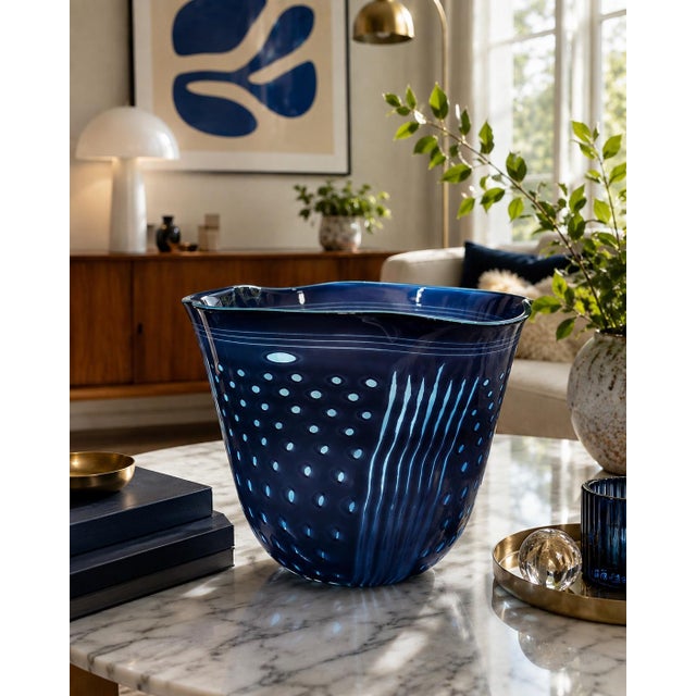 Mid-Century Modern Large Signed 1993 Gunnar Cyrén for Orrefors Cobalt Blue Handkerchief Art Glass Centerpiece Bowl For Sale - Image 3 of 15