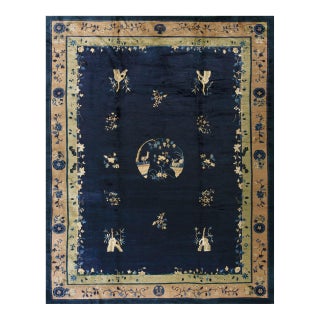 1920s Antique Chinese Floral Navy Deep Serene Landscape Deco Peking Knotted Rug For Sale