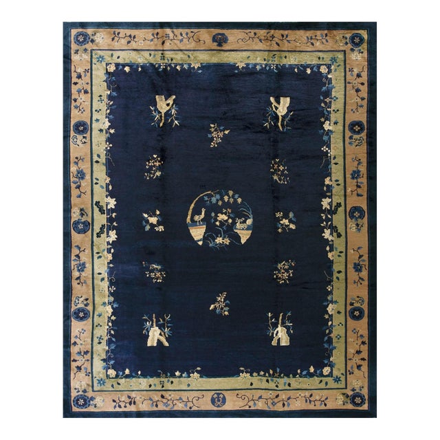 1920s Antique Chinese Floral Navy Deep Serene Landscape Deco Peking Knotted Rug For Sale