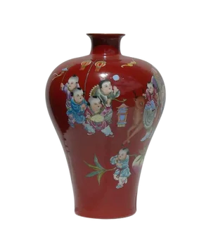 Red Painted Chinese Longevity Old Man & Kids Vase