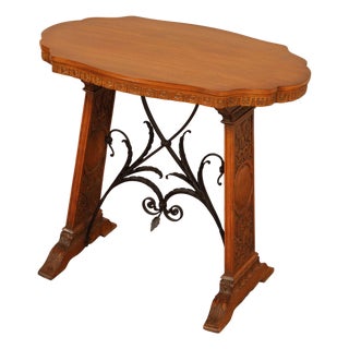 Antique Spanish Revival Carved Oak And Forged Iron Trestle Side Table For Sale