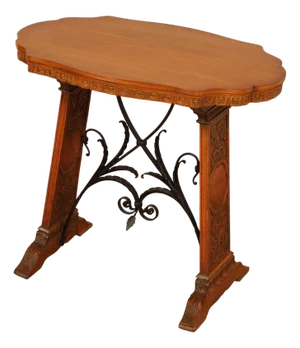 Antique Spanish Revival Carved Oak And Forged Iron Trestle Side Table