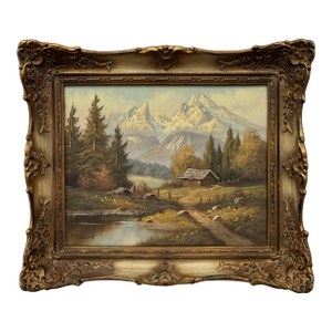 Alpine Mountain Hut Vintage Landscape Painting by 20th Century German Artist 1975 Circa
