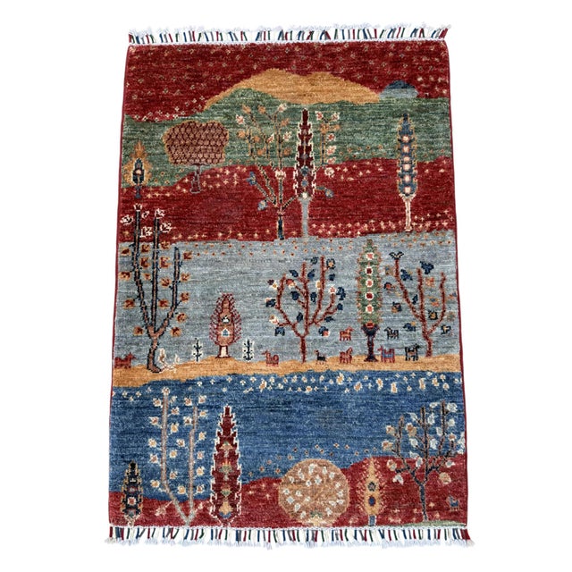 Persian Gabbeh Caravan Red & Green Hand-Knotted Wool Area Rug For Sale - Image 3 of 12