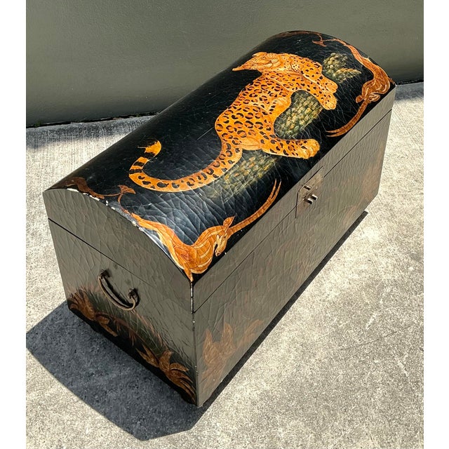 Vintage Crackle Finish Lounging Tiger Trunk For Sale In West Palm - Image 6 of 12