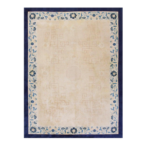 Fabulous Beige Open Field With Light Blue Floral Border Antique Chinese Peking Rug