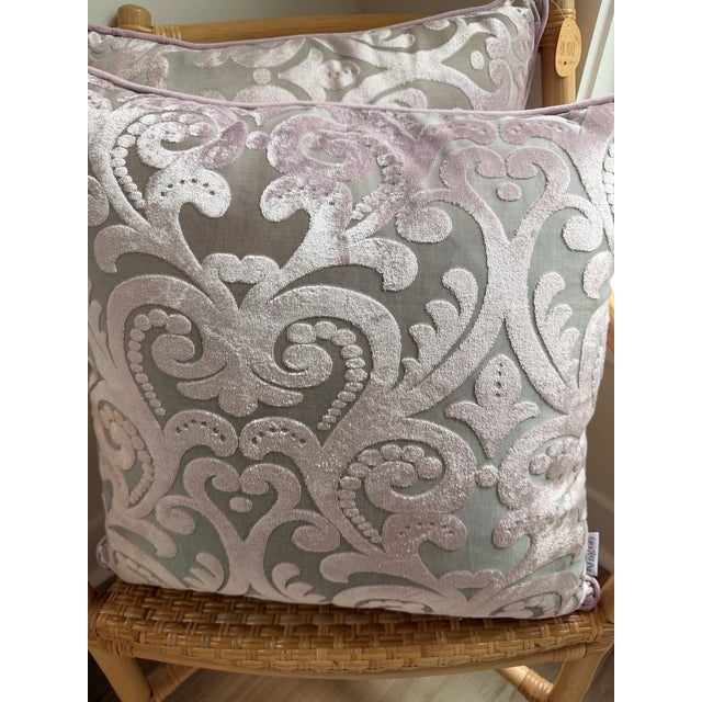 Hollywood Regency Pair of New Lilac Velvet Damask Throw Pillows With Down Inserts For Sale - Image 3 of 11