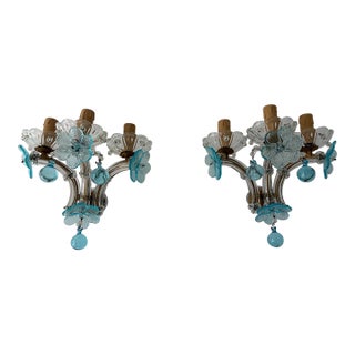 C 1930 Rare Pair Aqua Blue 3 Lights Murano Flowers Crystal Sconces One of Kind For Sale
