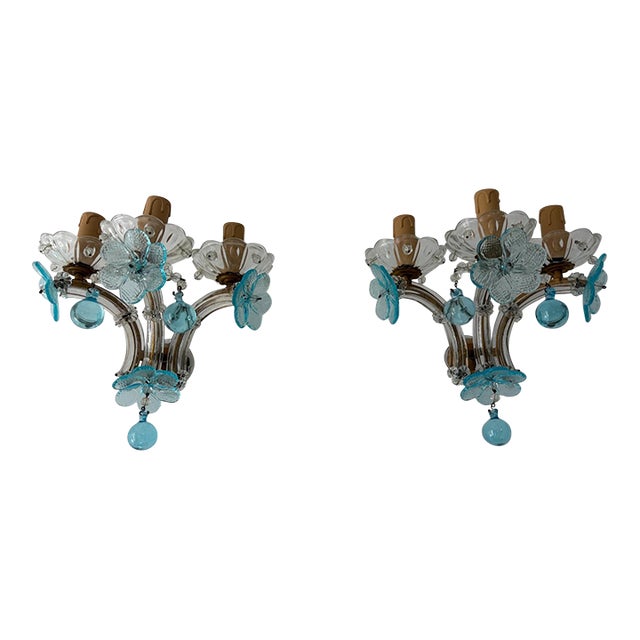 C 1930 Rare Pair Aqua Blue 3 Lights Murano Flowers Crystal Sconces One of Kind For Sale