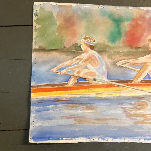 Cabin 1980s Original Vintage Double Sided Rustic Watercolor Painting Rowing Men and Cozy Cabin For Sale - Image 3 of 4
