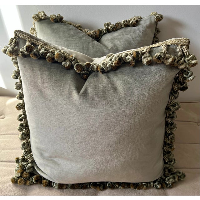 This gorgeous pair of custom fabricated vintage Sage Green cotton velvet pillows feature silk tassel fringe trim and...