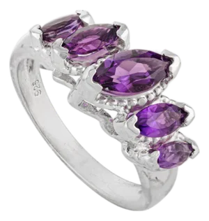 Lustrous Five-Stone Marquise Amethyst Sterling Silver Ring - Size 8.5
