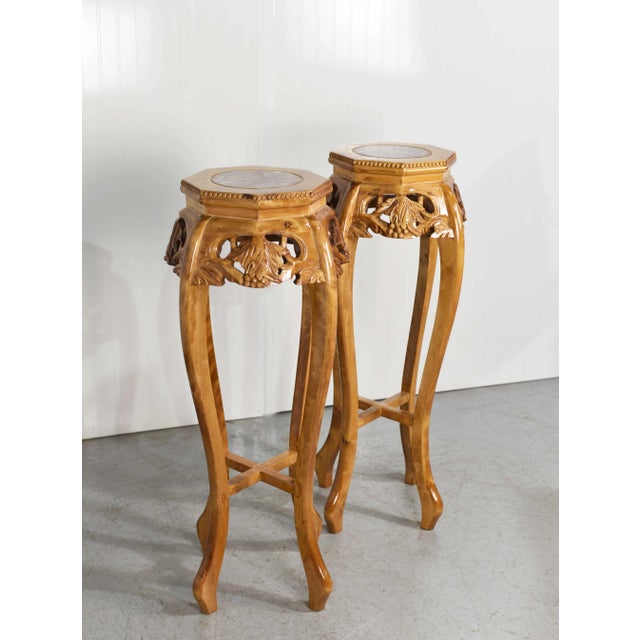 Chinoiserie Mid Century Chinoiserie Carved Wood Marble Top Plant Stand Pedestal Table - a Pair For Sale - Image 3 of 12