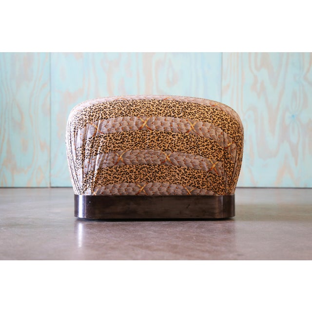 Textile 1980s Attributed to Karl Springer Rolling Chrome Souffle Pouf Ottomans in Leopard - Set of 3 For Sale - Image 7 of 9