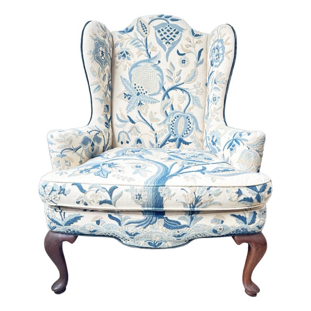 Vintage Woodmark Mary Webb Wood Blue "Tree of Life" Embroidered Wingback Chair For Sale