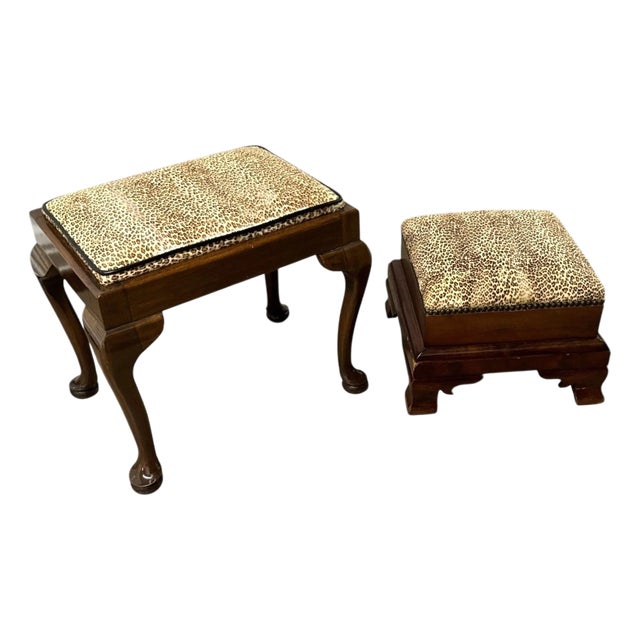 Antique Mahogany Leopard Print Animal Hide Stools - A Set For Sale