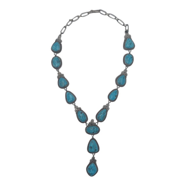 Kingman Waterweb Turquoise Lariat Necklace 13 Stone Authentic Native American Handmade For Sale