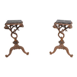 Pair Maitland Smith Marble Top Faux Branch & Bird Pedestal Tables For Sale