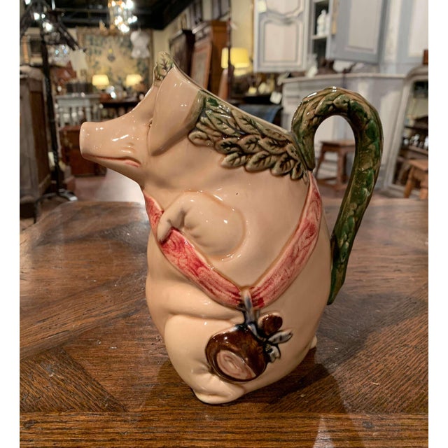 French 19th Century French Hand Painted Ceramic Barbotine Pig Pitcher Onnaing Style For Sale - Image 3 of 11