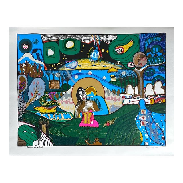 1972 Helmut Kand "Scene on a Sunset Beach" Surrealist Landscape Foil Print For Sale