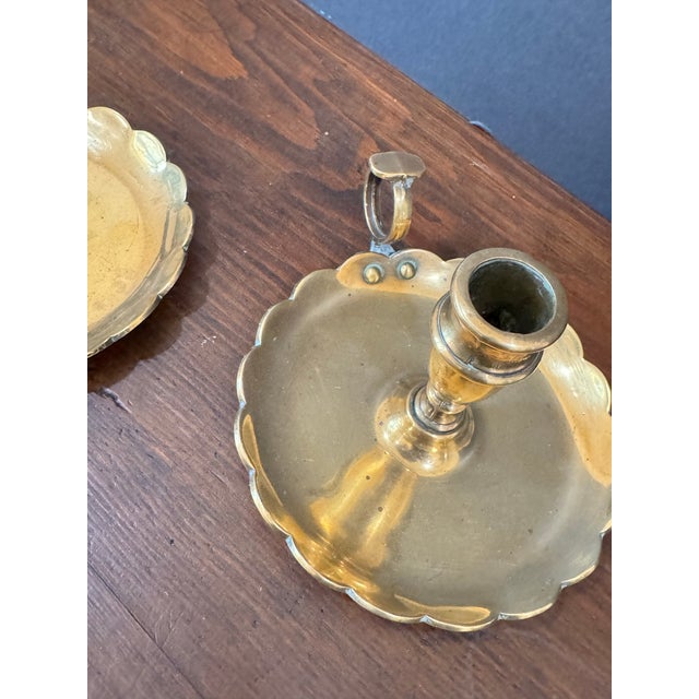 Rustic European 1930s Scalloped Brass Chamberstick Pair For Sale - Image 3 of 4
