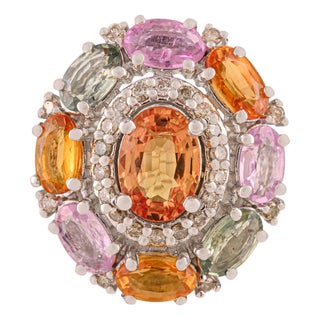 Art Deco 4.65 CTW Multi Sapphire Cluster Silver Pendant With Diamond - Carat&her For Sale