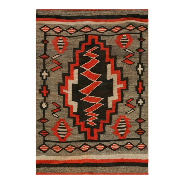 1920s Gray Storm Tribal Antique American Navajo Rug 4'8"x6'9" Flatweave Wool Carpet For Sale