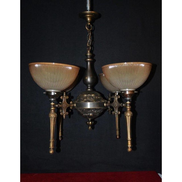 Mid-Century Modern Four-Light Bronze Chandelier with Holophane Prismatic Glass Shades, 1950s For Sale - Image 15 of 18