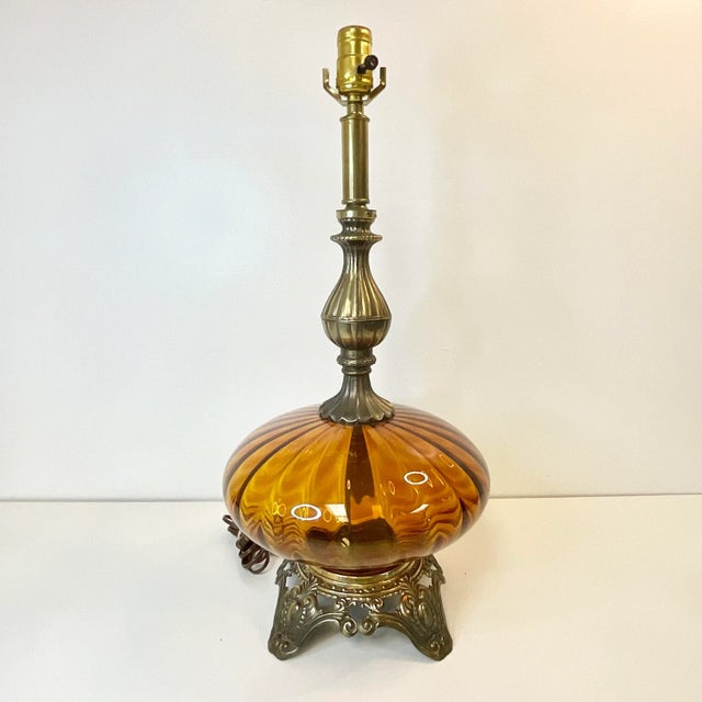 Mid Century Boho Chic Arts & Crafts Amber Glass and Brass Table Lamp For Sale - Image 6 of 10