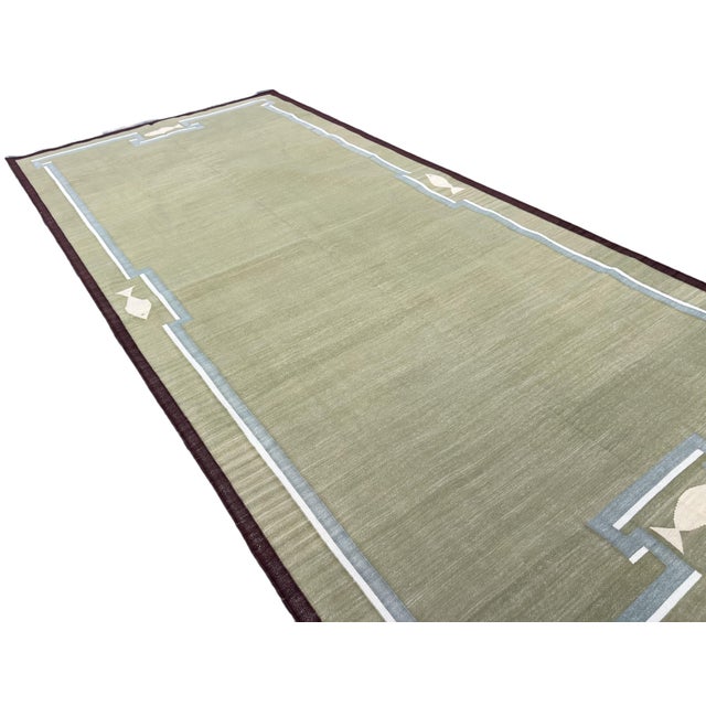 Textile Handmade Cotton Dhurrie Runner, Olive Green and Wine Border Fish Patterned Runner Rug- 4'x10' For Sale - Image 7 of 12