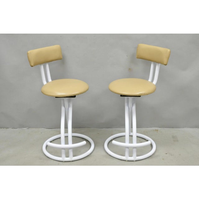Vintage Postmodern Memphis Style White Tubular Metal Swivel Bar Stools - A Pair For Sale - Image 16 of 17