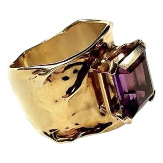 Emerald-Cut Amethyst Ring by Jim Cotter 14k Gold Wide Band For Sale