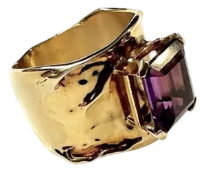Emerald-Cut Amethyst Ring by Jim Cotter 14k Gold Wide Band