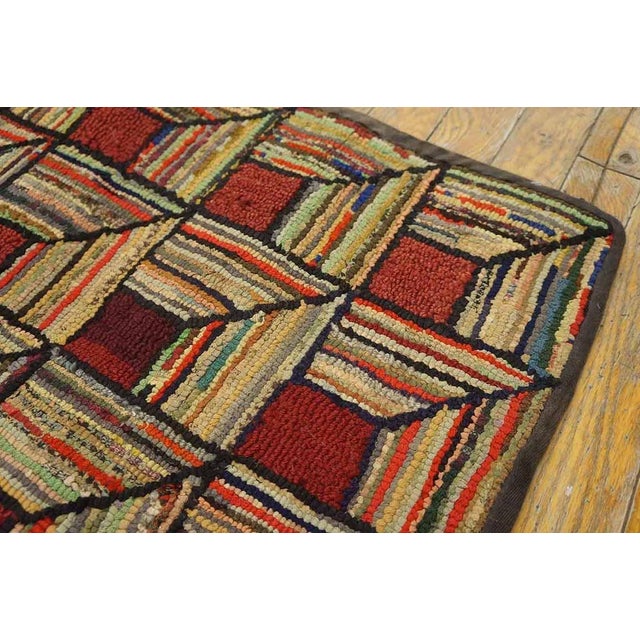 1930s 1930s Colorful Log Cabin Folk Art Antique American Hooked Rug 2' 2" X 6' 6" Handknotted Wool Carpet For Sale - Image 5 of 6