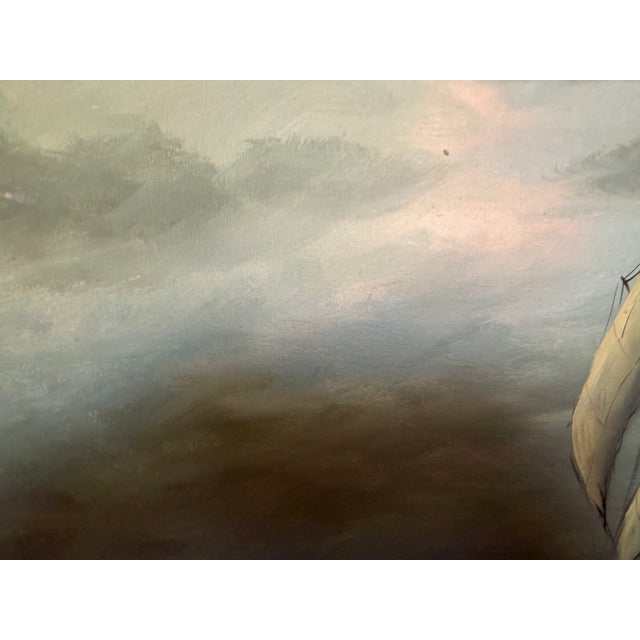 Nautical Large Vintage Nautical Oil Painting Signed Dramatic Sailing Ship Seascape For Sale - Image 3 of 10