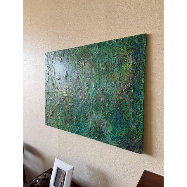 Large Abstract Green & Teal Textured Canvas Painting by Gavin Mc Groggan — 48″ × 36″ For Sale - Image 4 of 6