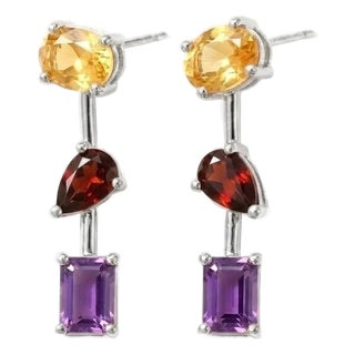 Citrine - Garnet - Amethyst Drop Earrings, Multi Gemstone Birthstone Dangle Earrings - A Pair For Sale