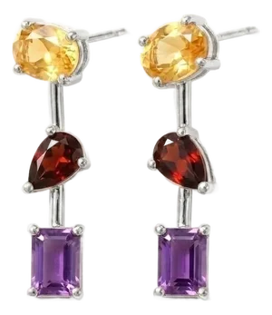 Citrine - Garnet - Amethyst Drop Earrings, Multi Gemstone Birthstone Dangle Earrings - A Pair