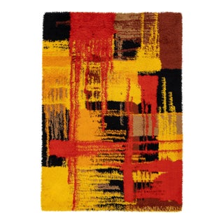 Mid-Century Modern Abstract Danish Rya Area Wool Rug in Warm Ochre For Sale