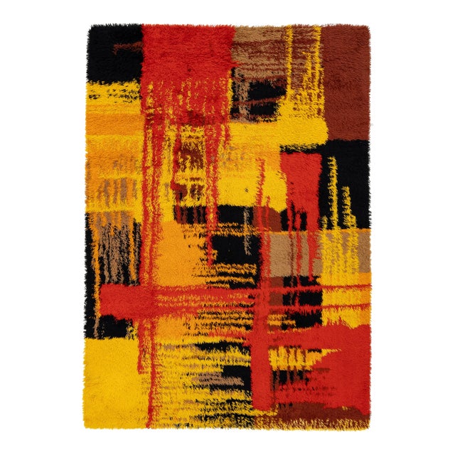Mid-Century Modern Abstract Danish Rya Area Wool Rug in Warm Ochre For Sale