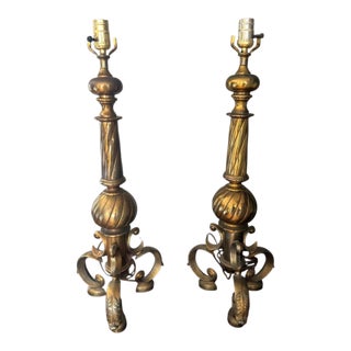 Mid 20th Century Romance Italian Brass Table Lamps - a Pair For Sale